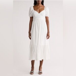 AUGUST SKY Puff Sleeve Embroidered Hem Maxi Dress white / size L